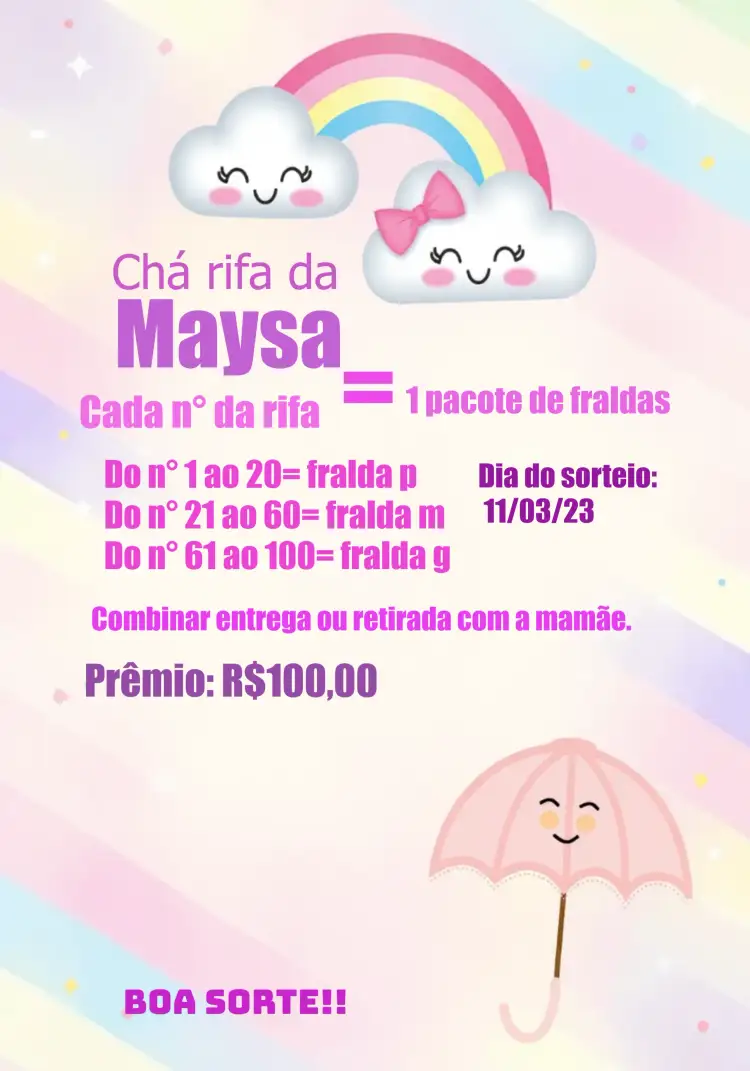 Convite Chá Rifa Chuva De Amor Nuvem – tema Chá Rifa colorido, nuvem, amor, fofo, infantil, alegre