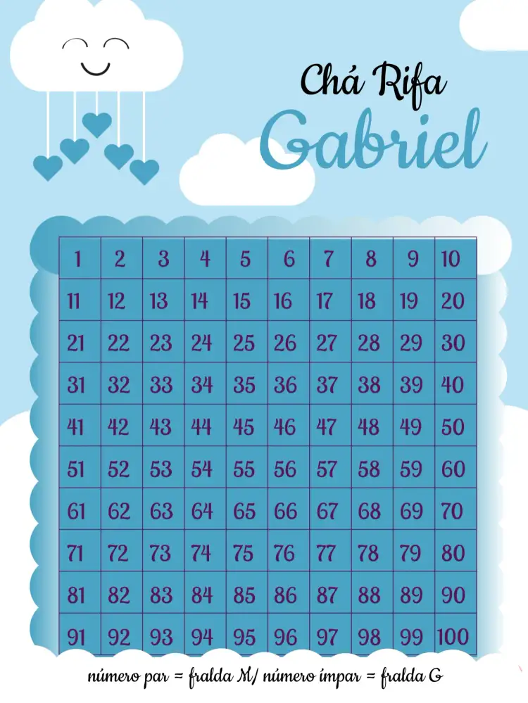 Convite Chá Rifa Chuva De Amor Bebe – tema Chá Rifa nuvens, azul claro, branco, moderno, divertido