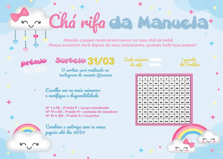 Convite Chá Rifa Chuva De Amor Fralda – tema Chá Rifa delicado, infantil, colorido, lúdico, moderno