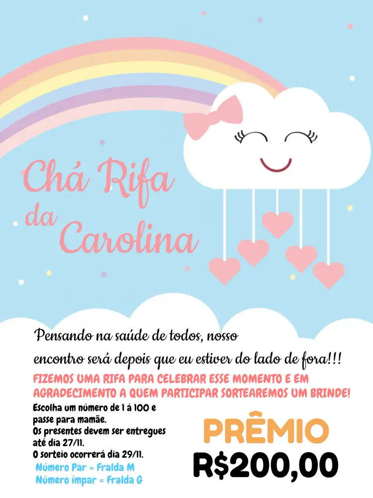 Convite Chá Rifa Chuva De Amor Corações – tema Chá Rifa estilo lúdico, cores pastel, elementos gráficos de nuvem, detalhes em arco-íris, design infantil, visual aconchegante