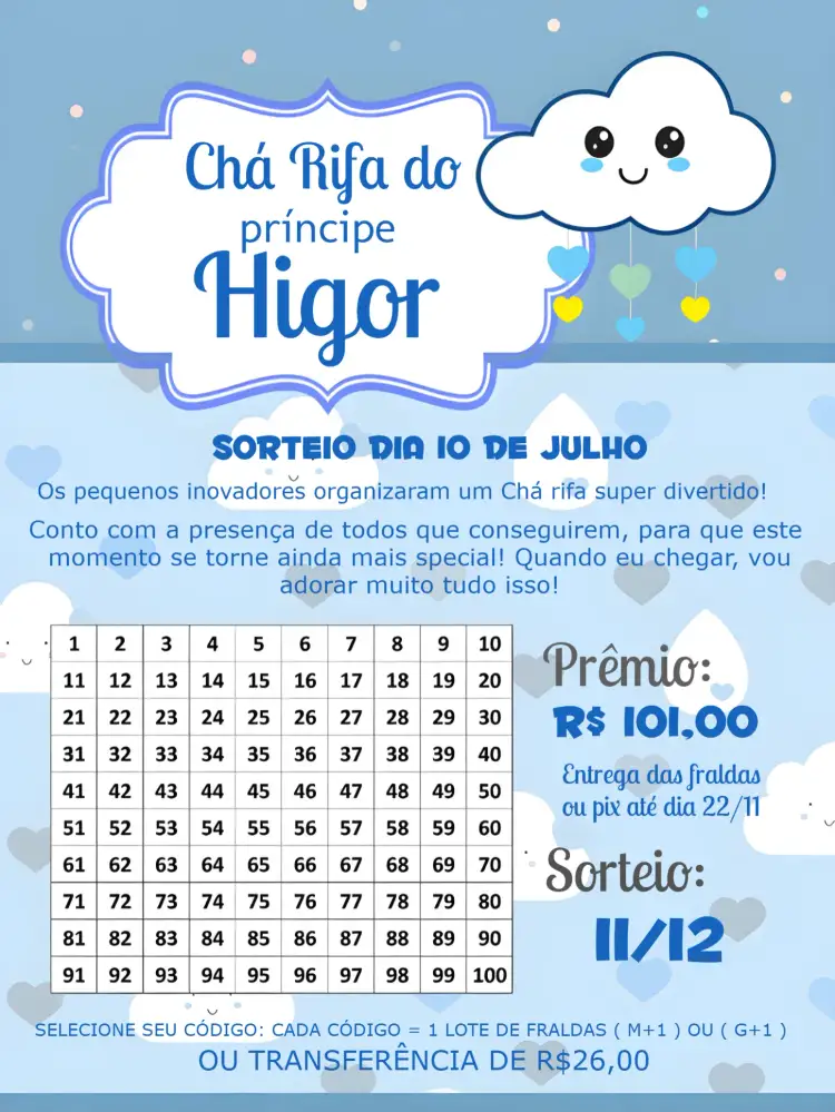 Convite Chá Rifa Chuva De Bençãos – tema Chá Rifa azul, floral, moderno, festivo, alegre, minimalista