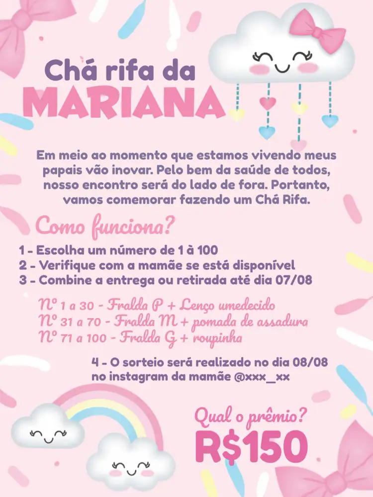 Convite Chá Rifa Chuva De Bençãos Bebê – tema Chá Rifa rosa, roxo, branco, nuvens, princesa, moderno
