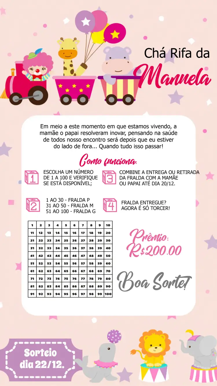 Convite Chá Rifa Circo Bebe – tema Chá Rifa colorido, circense, divertido, animais, infantil, brincalhão