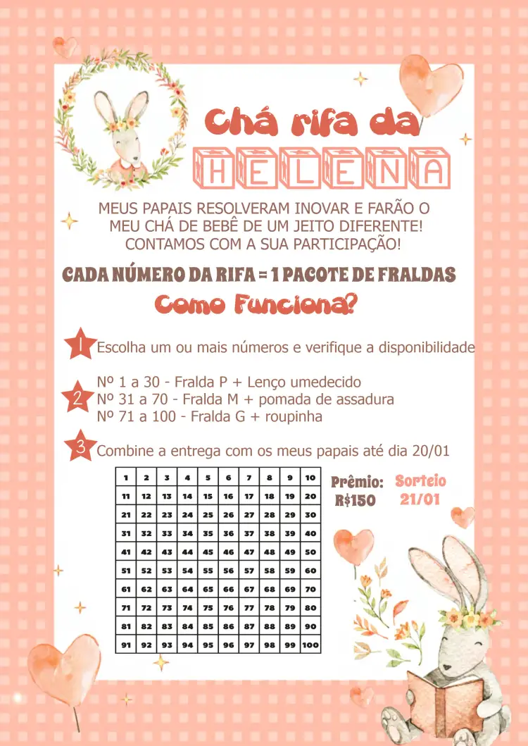 Convite Chá Rifa Coelhinha Aquarela Coelho – tema Chá Rifa aquarela, jardim, cores suaves, bichinhos, festivo, colorido