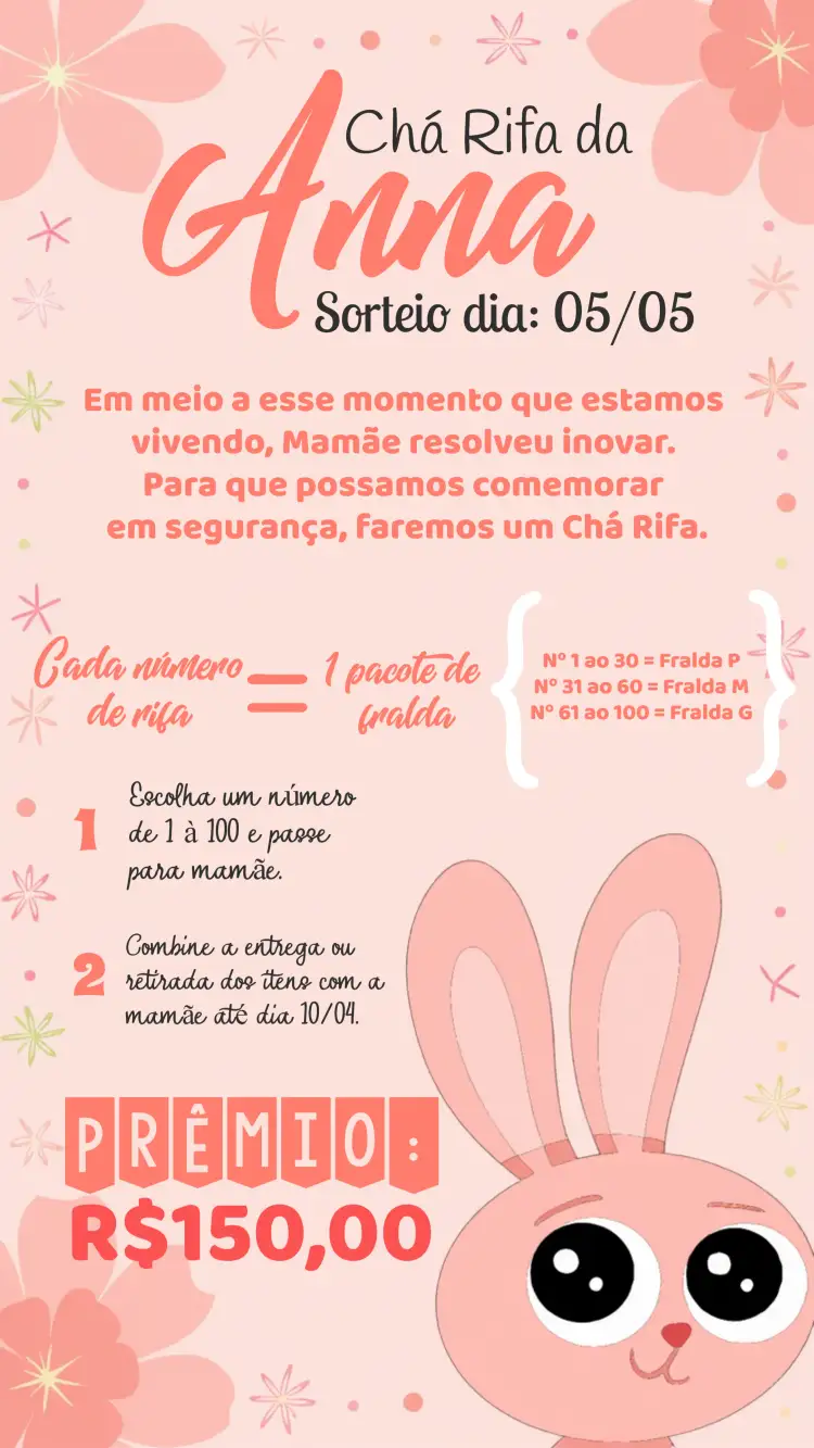 Convite Chá Rifa Coelhinha Rosa – tema Chá Rifa cores suaves, estilo lúdico, elementos gráficos de animais, fundo rosa, detalhes em preto e branco, design minimalista