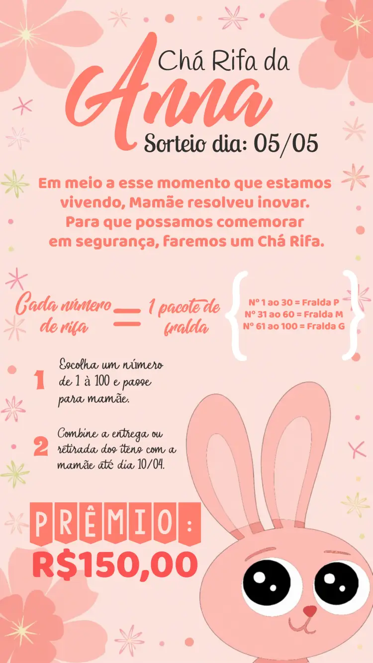 Convite Chá Rifa Coelhinha Rosa