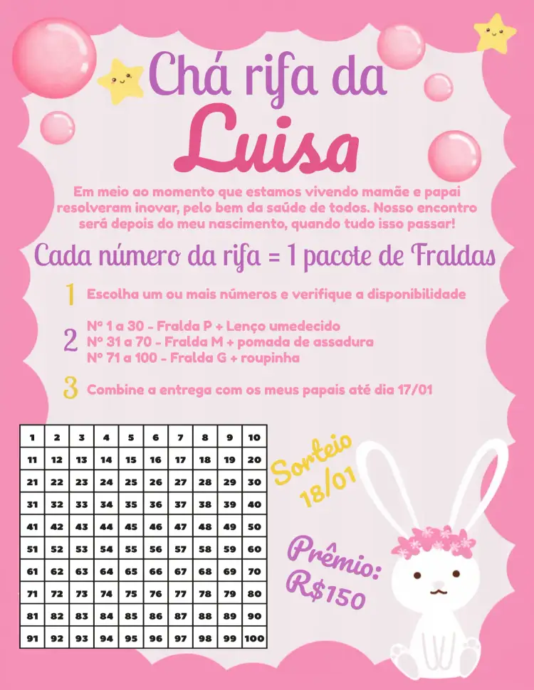 Convite Chá Rifa Coelhinha Cha Menina Coelhinho Rosa – tema Chá Rifa cores pastel, lúdico, infantil, aquarela, fofo, natureza