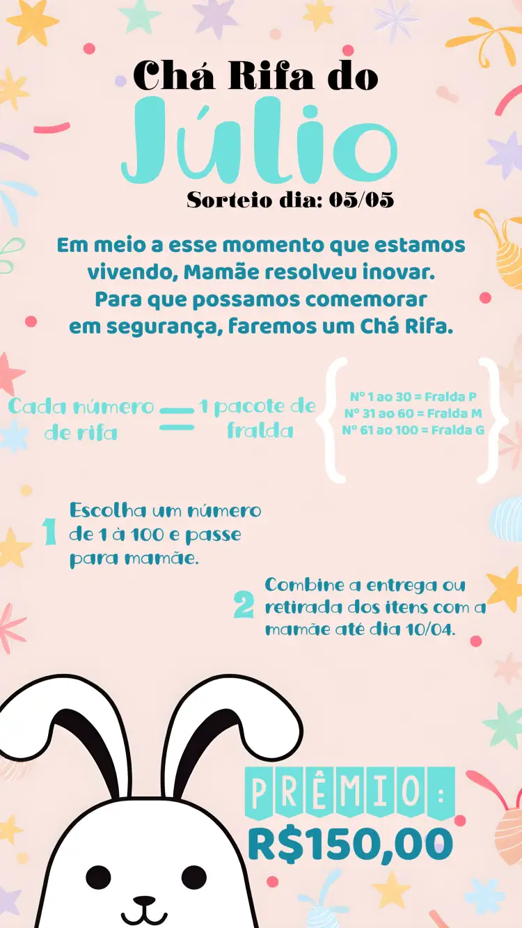 Convite Chá Rifa Coelho Cha – tema Chá Rifa azul, branco, amarelo, coelhinho, safari, animais