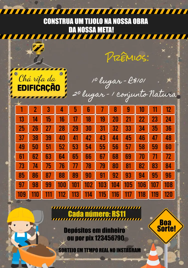 Convite Chá Rifa Construção – tema Chá Rifa moderno, construção, cores sóbrias, minimalista, estilo rústico