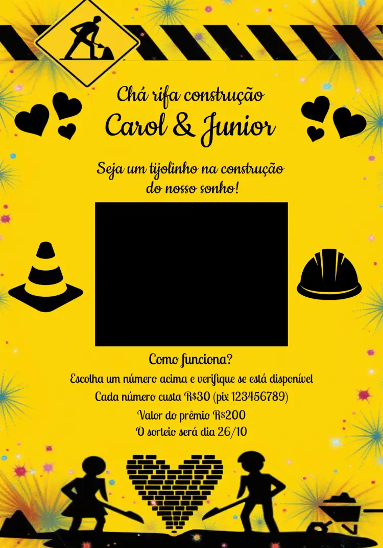 Convite Chá Rifa Construção Preto – tema Chá Rifa moderno, construção, preto e amarelo, industrial, masculino, minimalista