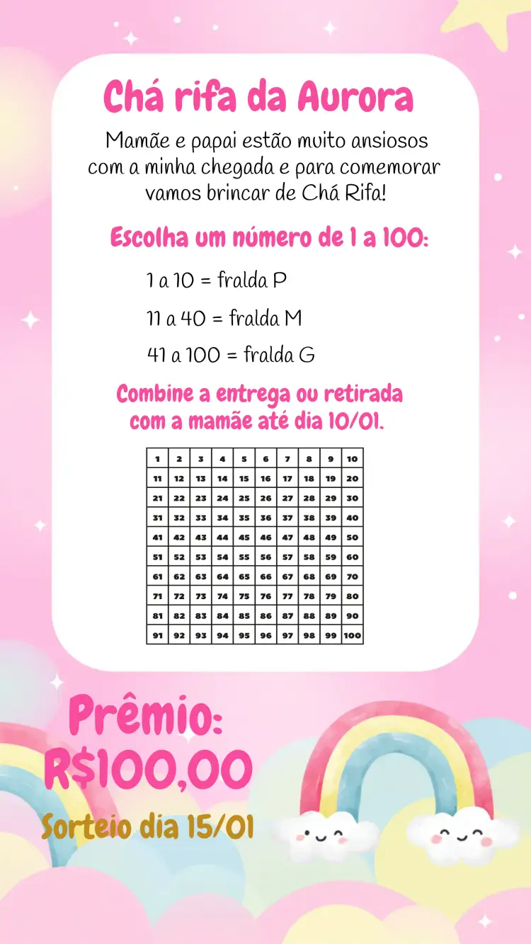 Convite Chá Rifa De Bebê / Fralda Arco Íris Fraldas – tema Chá de Fraldas colorido, infantil, nuvens, arco íris, divertido, lúdico