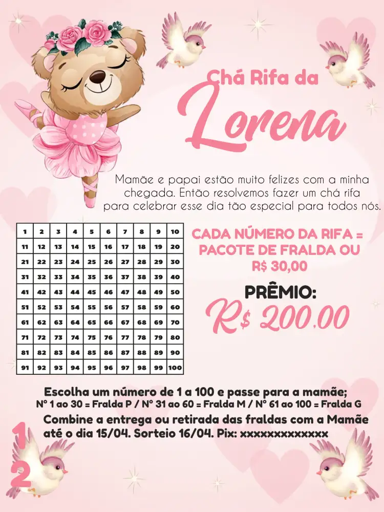 Convite Chá Rifa De Bebê / Fralda Ursinha Bailarina Rosa – tema Mais pesquisados rosa, branco, cinza, floral, aquarela, infantil
