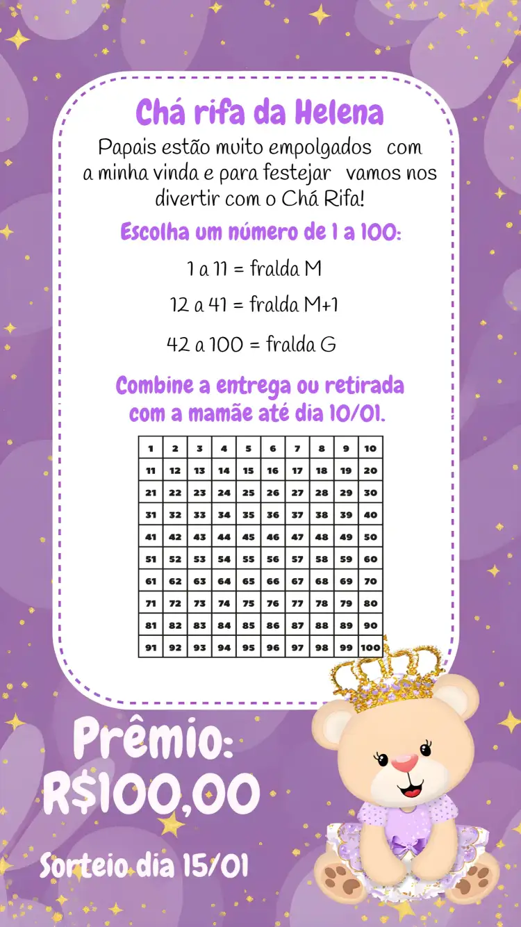 Chá Rifa De Bebê / Fralda Ursinha Princesa Lilás Premio