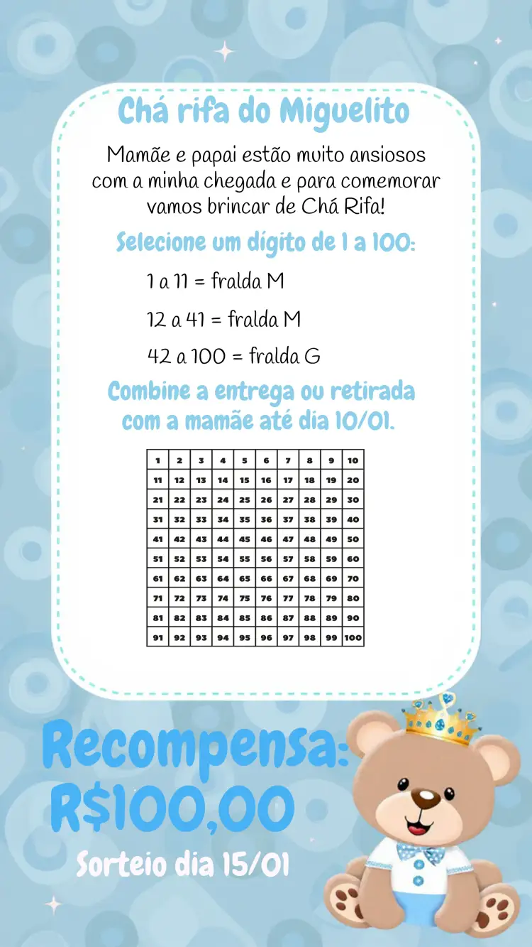Convite Chá Rifa De Bebê / Fralda Ursinho Príncipe Azul Claro Fraldas – tema Chá de Fraldas azul claro, ursinho, príncipe, coroa, infantil, delicado