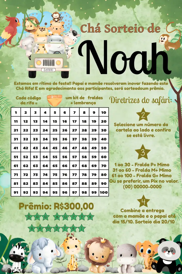 Convite Chá Rifa De Bebê Safari C/ – tema Mais pesquisados safari, tropical, animais, natureza, verde e marrom, aventura