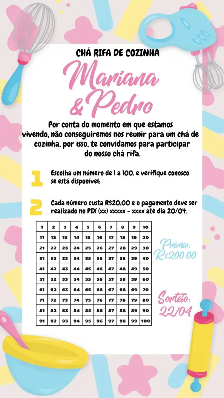 Convite Chá Rifa De Cozinha Panela – tema Chá Rifa colorido, divertido, gastronômico, moderno, temático