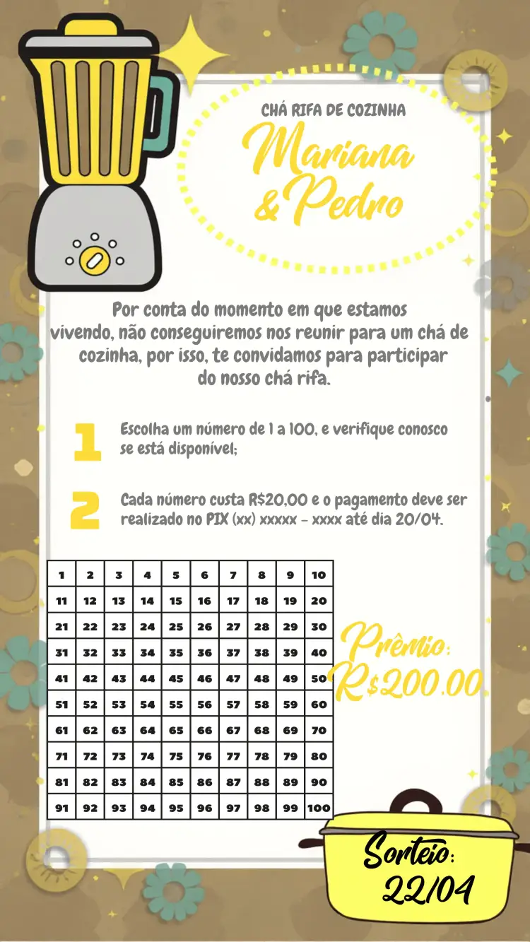 Convite Chá Rifa De Cozinha Amarelo – tema Chá Rifa amarelo vibrante, culinário, moderno, divertido, minimalista