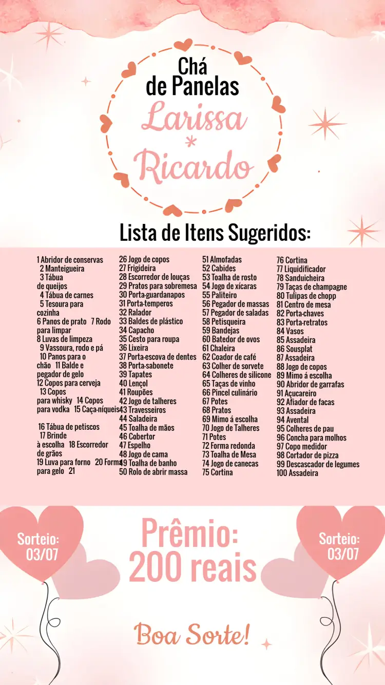 Convite Chá Rifa De Cozinha Corações Salmão editável e personalizável