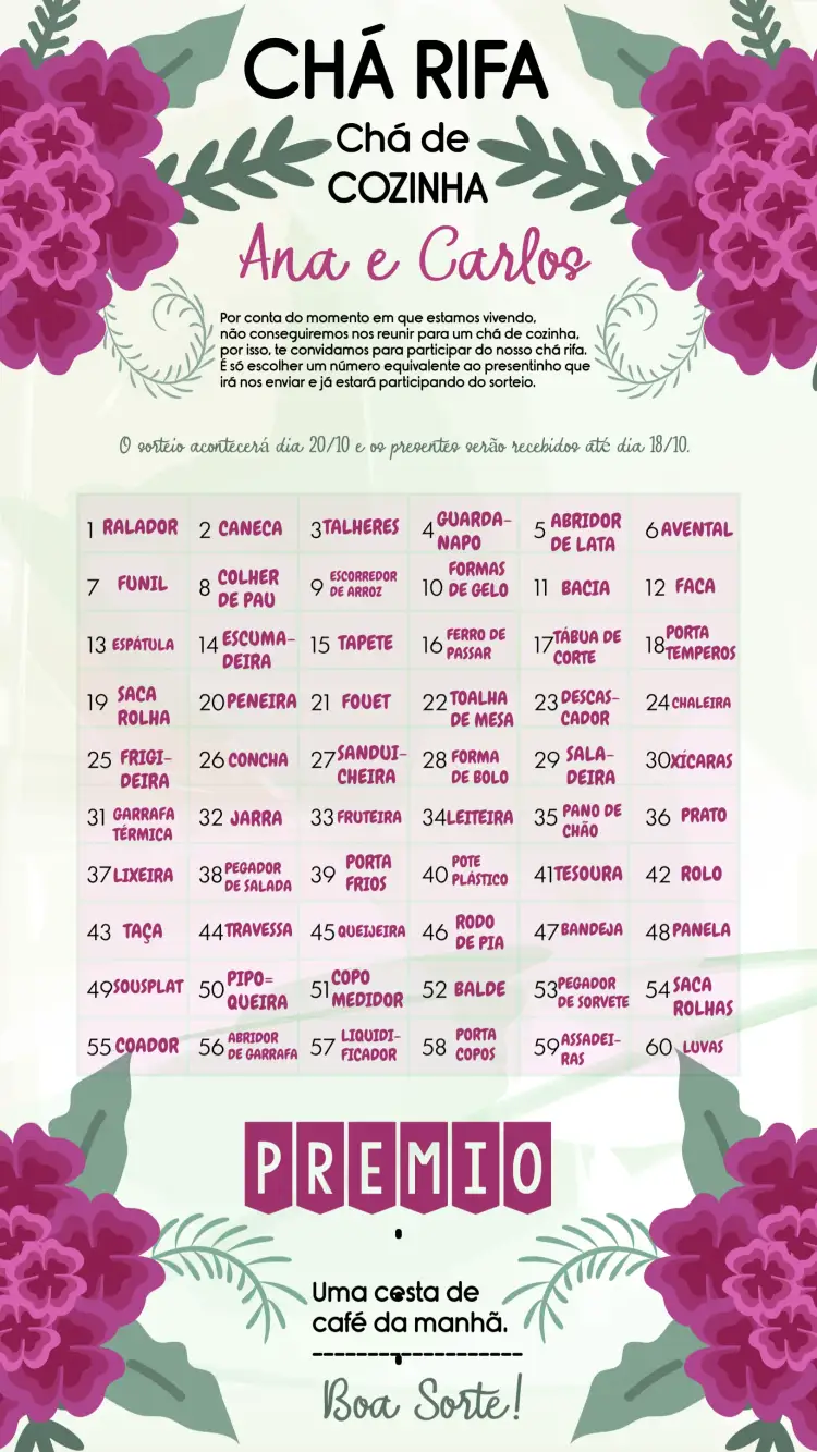 Convite Chá Rifa De Cozinha Floral Verde – tema Chá Rifa floral, moderno, colorido, elegante, natural