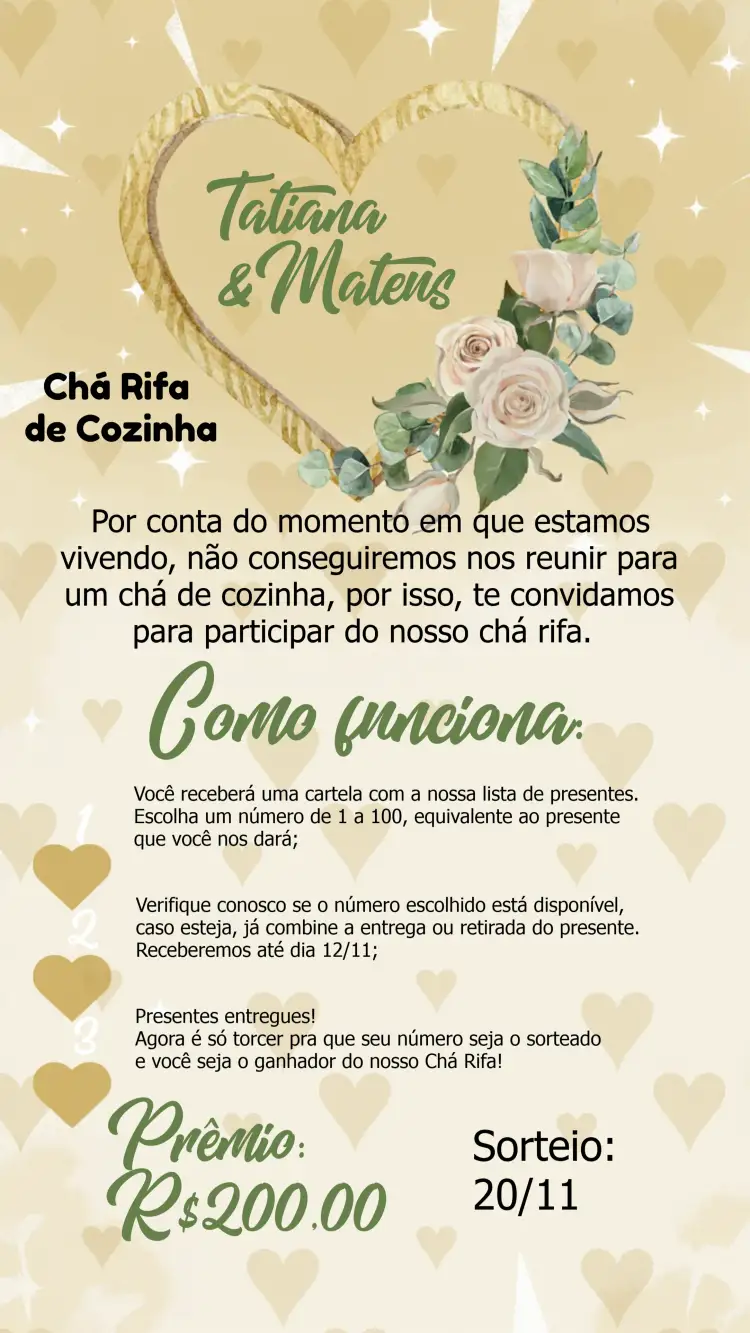 Convite Chá Rifa De Cozinha Floral Coração – tema Chá de Panela floral, verde, marrom, natural, rústico, romântico