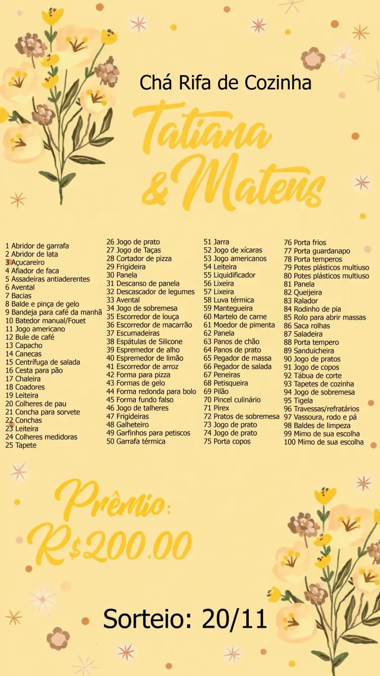 Convite Chá Rifa De Cozinha Floral Itens – tema Chá de Panela floral, vintage, moderno, amarelo, marrom, minimalista
