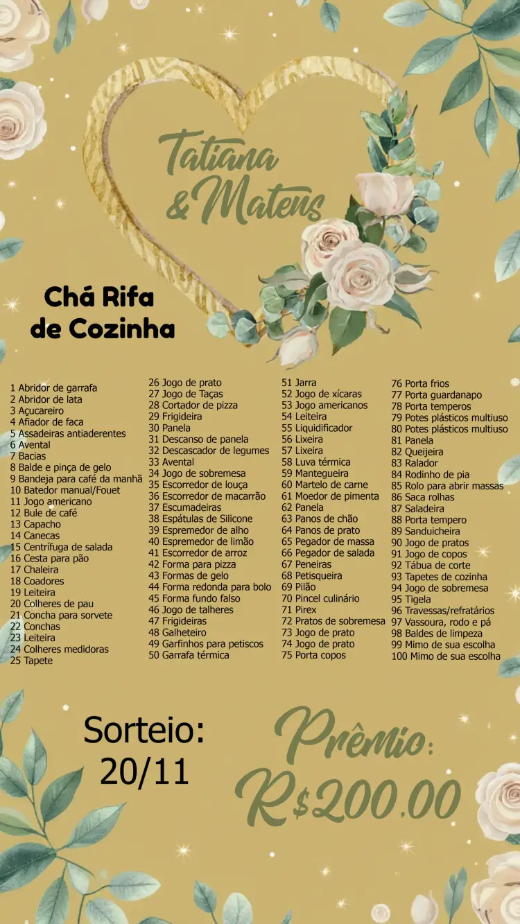 Convite Chá Rifa De Cozinha Floral Marrom – tema Chá de Panela floral, rústico, marrom, verde, boho, natural