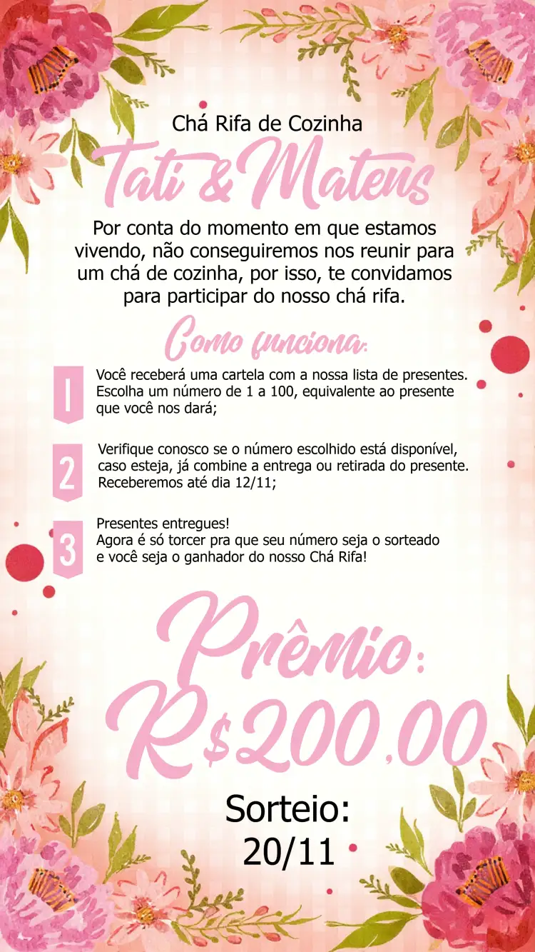 Convite Chá Rifa De Cozinha Floral Casamento – tema Chá Rifa floral, rosa, marsala, branco, moderno, delicado