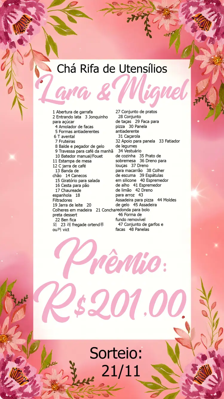 Convite Chá Rifa De Cozinha Floral Panela editável e personalizável