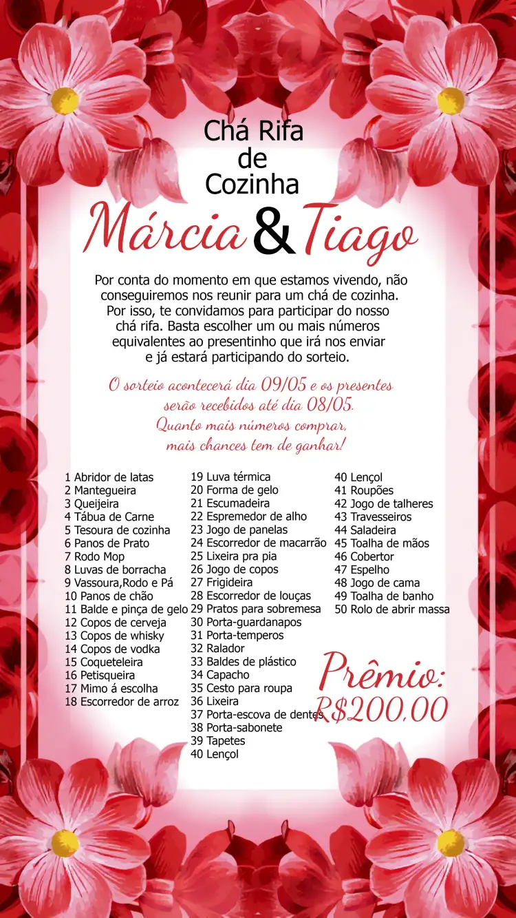 Convite Chá Rifa De Cozinha Floral Presentes – tema Chá de Panela floral, romântico, vibrante, moderno, delicado, colorido