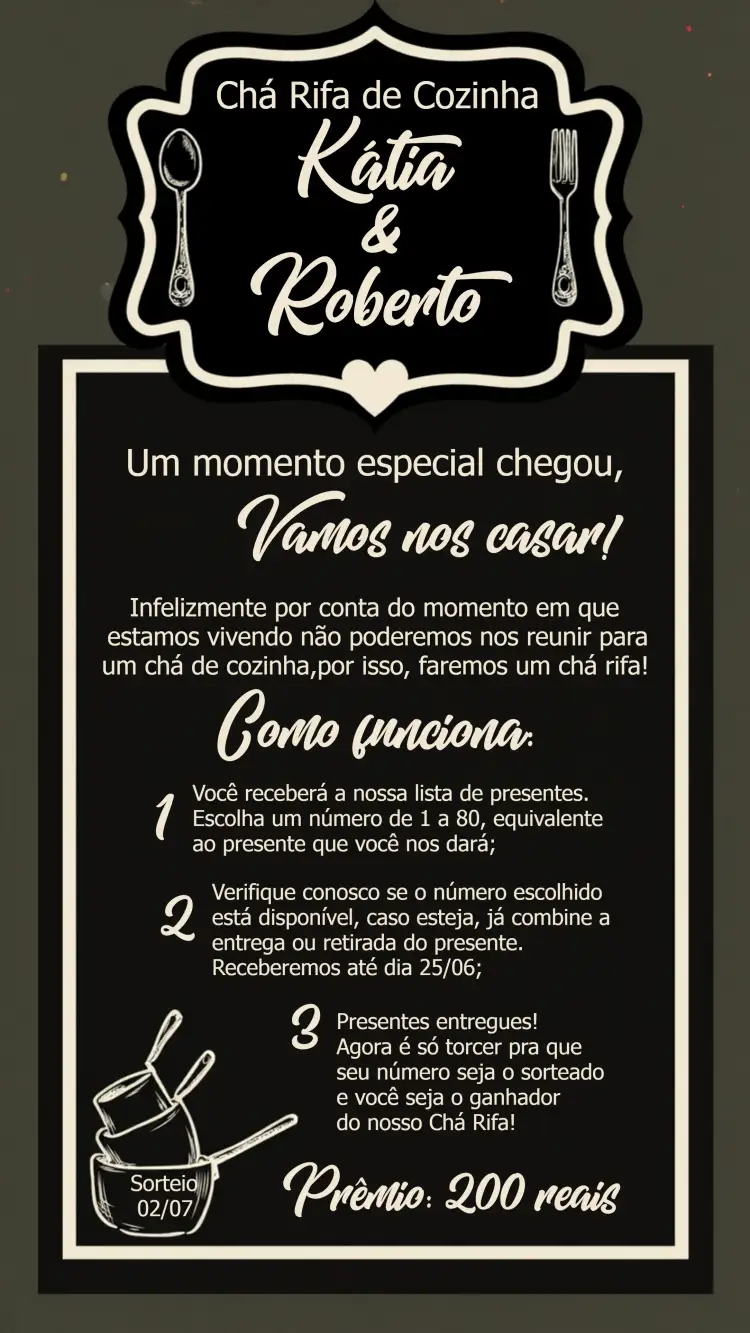Convite Chá Rifa De Cozinha Panela – tema Chá de Panela chalkboard, minimalista, moderno, elegante, rústico
