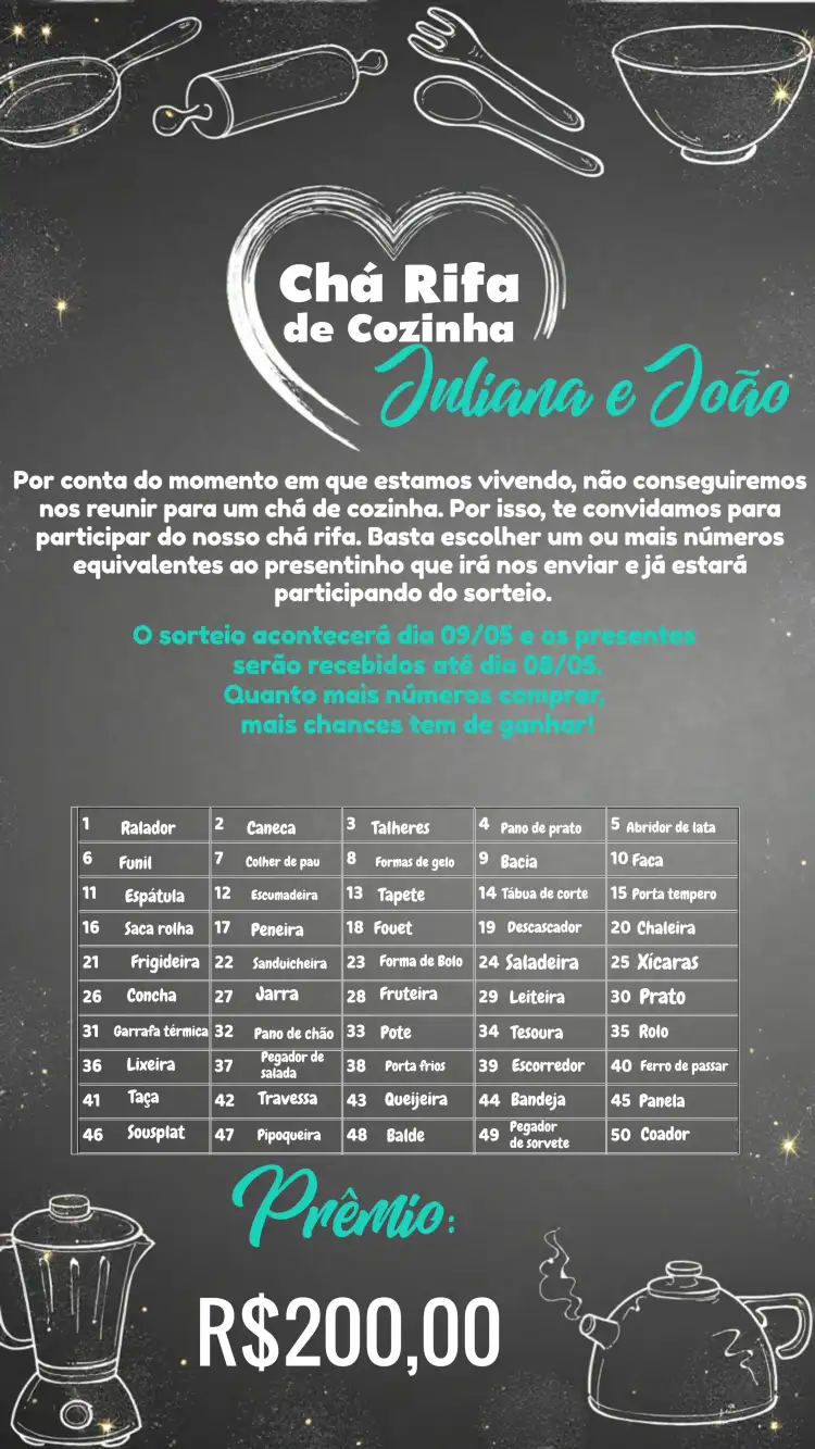 Chá Rifa De Cozinha Quadro Negro Giz Chalkboard