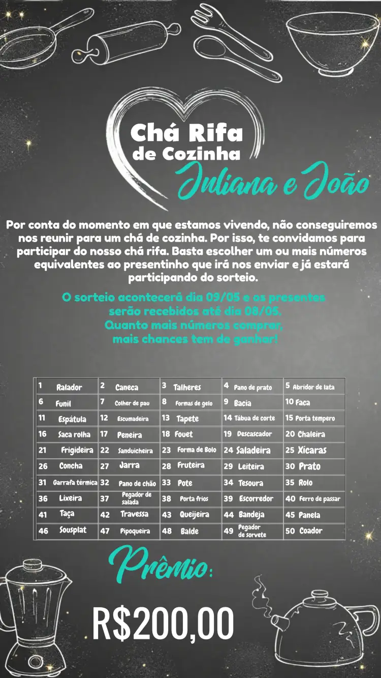 Convite Chá Rifa De Cozinha Quadro Negro Giz Chalkboard – tema Chá de Panela quadro negro, chalkboard, moderno, descontraído, cozinha, temática