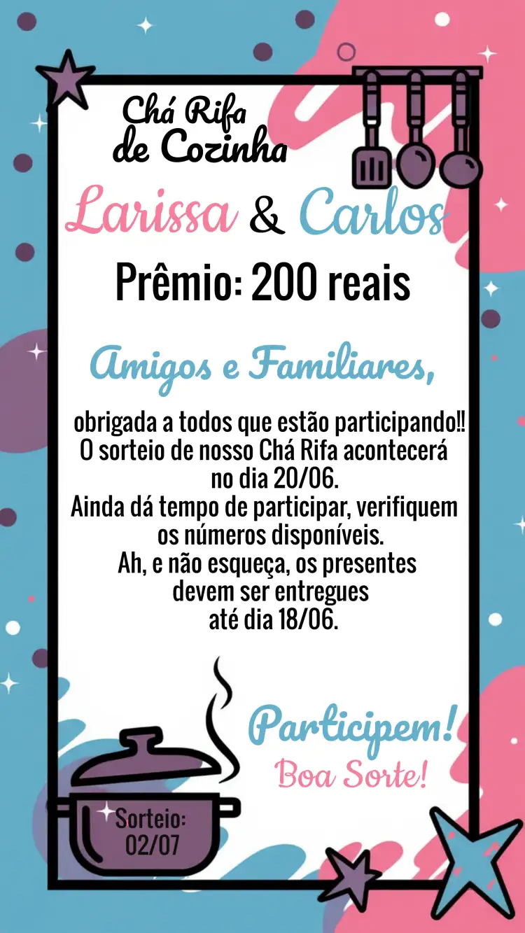 Convite Chá Rifa De Cozinha Rosa – tema Chá de Panela rosa, moderno, minimalista, elegante, divertido, cozinha