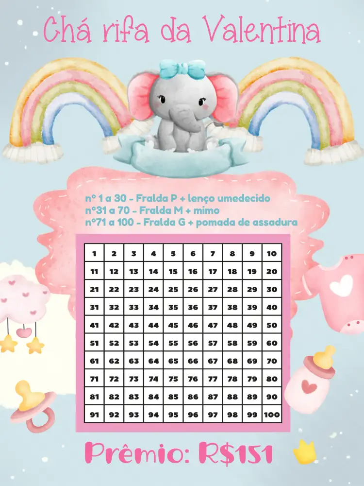 Convite Chá Rifa De Fraldas Elefantinha Arco Íris Animais – tema Chá Revelação colorido, animais, infantil, lúdico, arco-íris