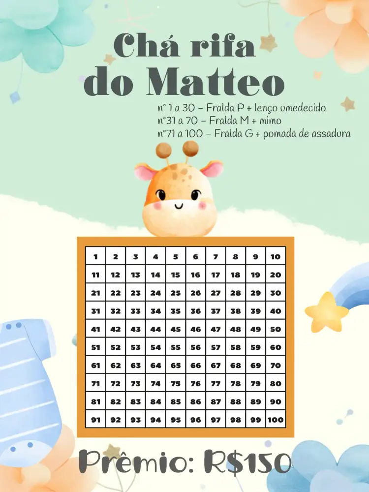 Convite Chá Rifa De Fraldas Girafa Safari – tema Chá Rifa safari, animais, azul, lúdico, infantil, natureza