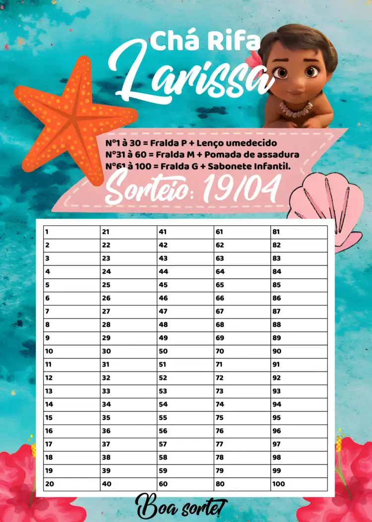 Convite Chá Rifa De Fraldas Moana Participantes – tema Chá Rifa moana, tropical, colorido, divertido, infantil, marinho