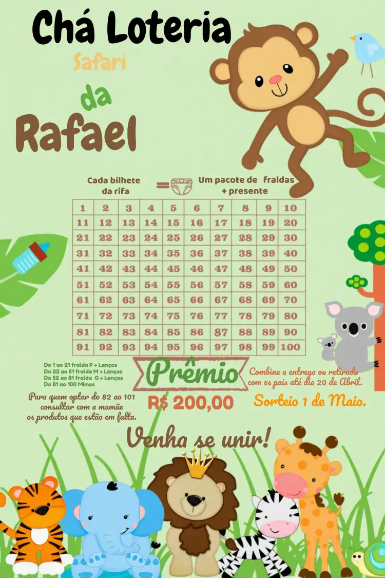 Convite Chá Rifa De Fraldas Safari Animais – tema Chá de Fraldas safari, animais, natureza, colorido, infantil, divertido