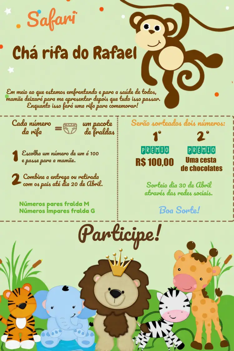 Convite Chá Rifa De Fraldas Safari Animais – tema Chá de Fraldas safari, animais, tropical, colorido, divertido, natural