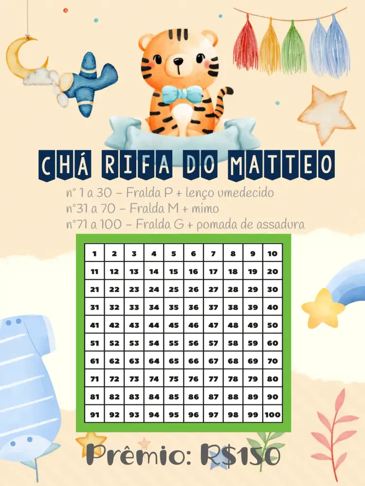 Convite Chá Rifa De Fraldas Tigre Menino – tema Chá Rifa animais da savana, tigre, azul, divertido, infantil, temática safari