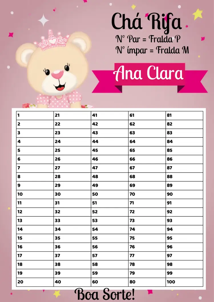 Convite Chá Rifa De Fraldas Ursinha Princesa Nomes – tema Chá Rifa rosa, branco, preto, infantil, princesa, delicado