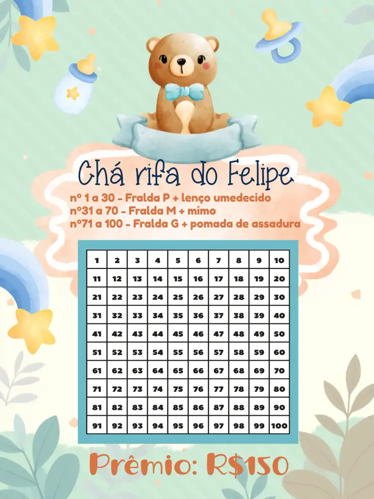 Convite Chá Rifa De Fraldas Ursinho Bichinhos – tema Chá Rifa safari, animais, azul claro, infantil, fofo, divertido