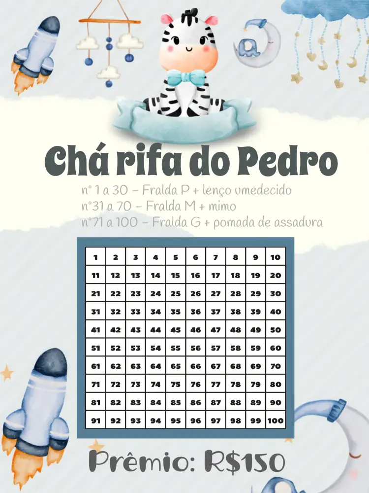 Convite Chá Rifa De Fraldas Zebra Bichinhos – tema Chá Rifa safari, animais, azul, divertido, lúdico, moderno