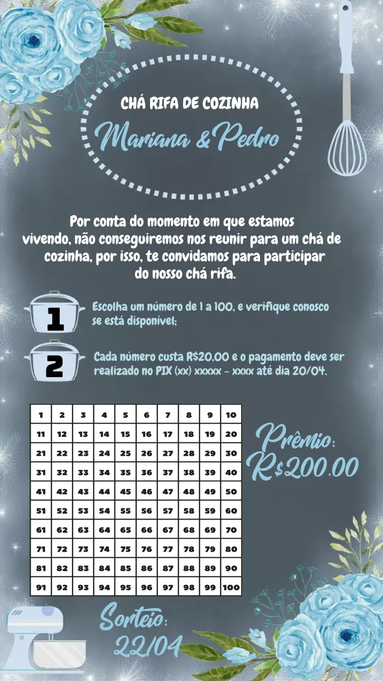 Convite Chá Rifa De Panela Quadro Negro Giz Lousa – tema Chá de Panela quadro negro, floral, moderno, elegante, azul serenity