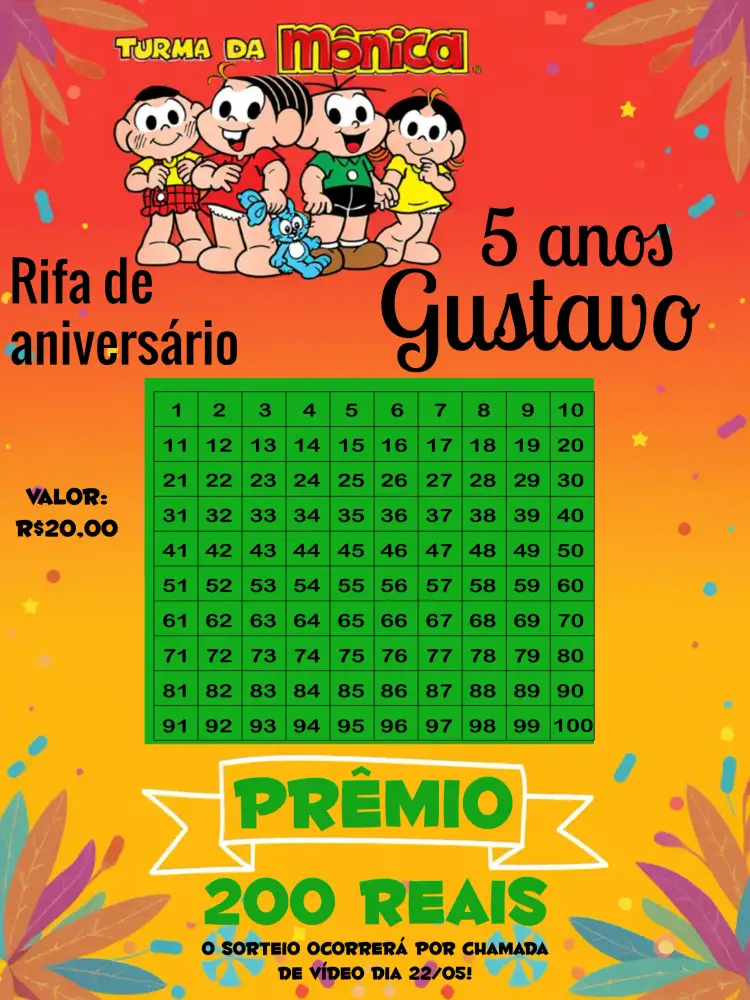 Convite Chá Rifa De Turma Da Mônica Aniversariante – tema Aniversário Infantil colorido, divertido, infantil, ilustrativo, temático, brincalhão