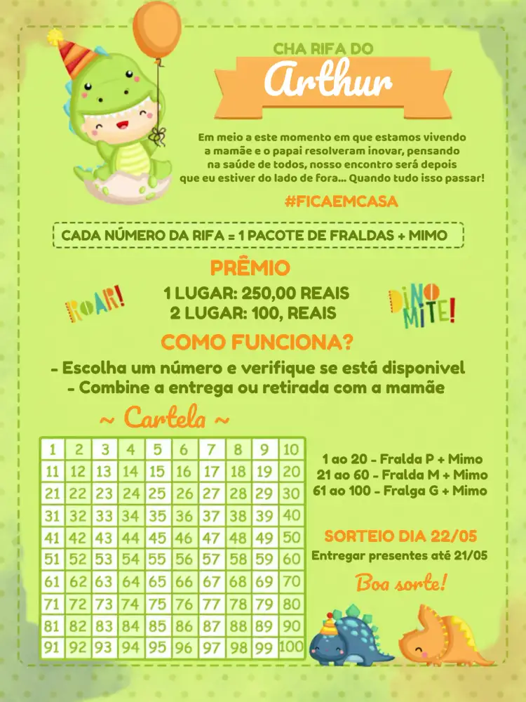 Convite Chá Rifa Dino Baby Branco – tema Chá Rifa dinossauro, colorido, infantil, lúdico, fofo