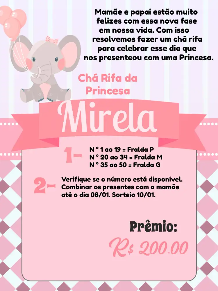 Convite Chá Rifa Elefantinha Baloeira 50 – tema Mais pesquisados elefante, infantil, rosa e cinza, divertido, balões, lúdico