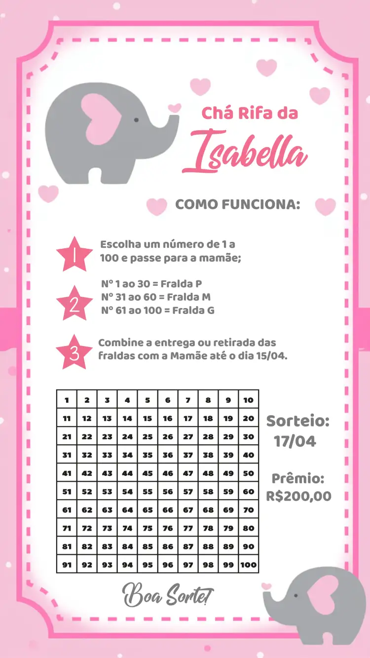 Convite Chá Rifa Elefantinha Bebê – tema Chá Rifa rosa e branco, elefantinha, estrelas, corações, lúdico, divertido