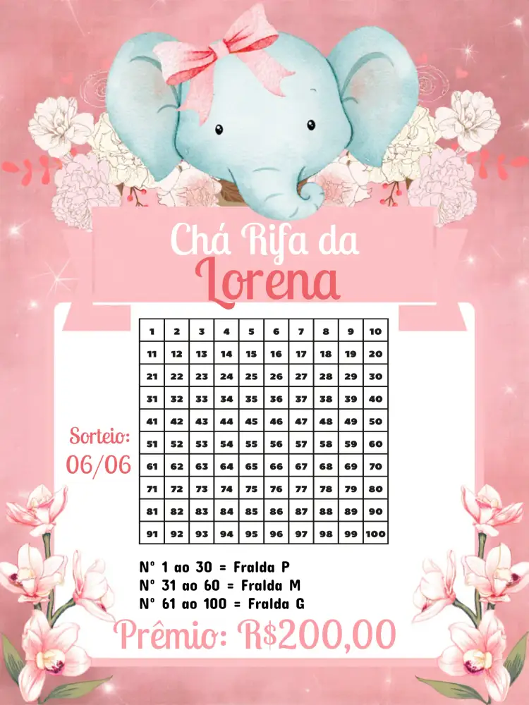 Convite Chá Rifa Elefantinha Rosa – tema Chá Rifa safari, infantil, lúdico, rosa e verde, animal print, moderno