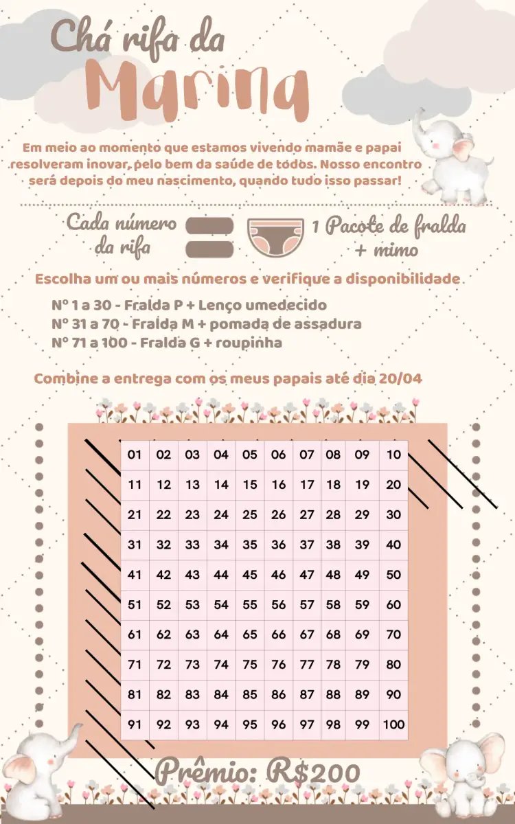 Convite Chá Rifa Elefantinha Animais – tema Chá Rifa safari, animais, colorido, divertido, moderno, infantil
