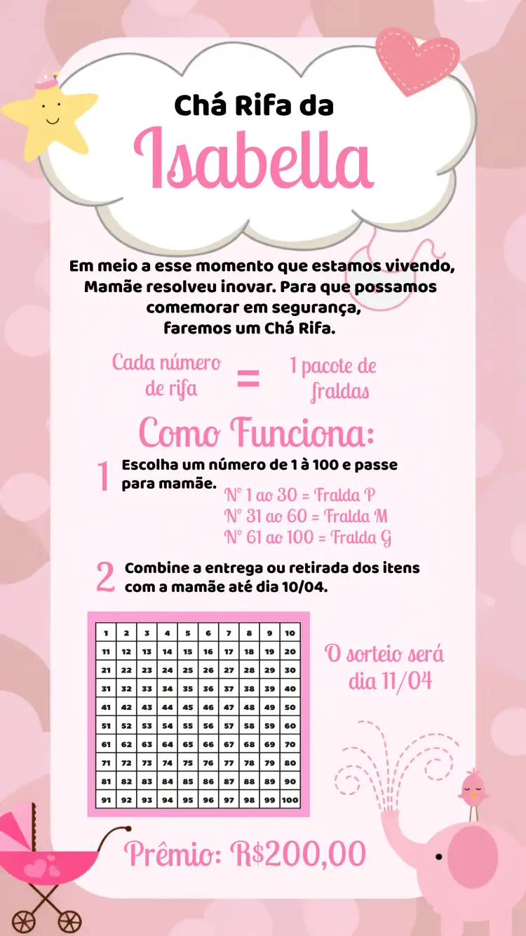 Convite Chá Rifa Elefantinha Fraldas editável e personalizável